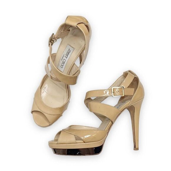 Jimmy Choo Women's Natural Beige Patent Leather Kuki Sandal Platform Size 38.5 - Picture 1 of 11
